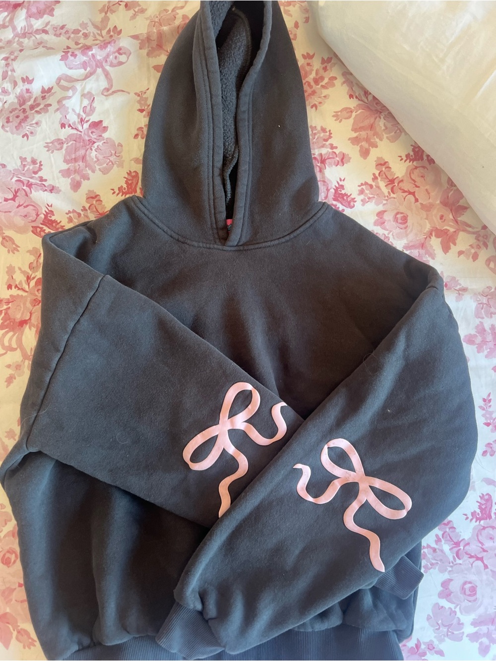 Black Edikted Hoodie with Pink Bow Sleeve Accents